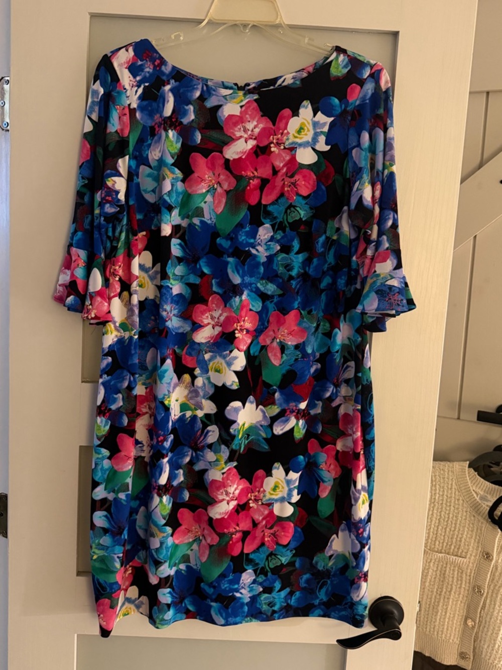 Calvin Klein Black Floral Midi Dress with Pink & Blue Blooms